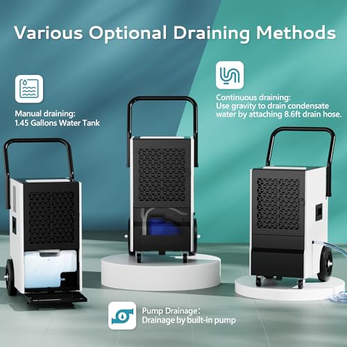 EUHOMY 160 Pints Commercial Dehumidifier for Basement,Large Dehumidifier for Basement With Drain Hose,Timer and 4 Wheels