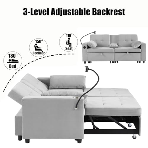 68.11" Corduroy Sleeper Chair Bed with USB Port, Cup Holders & Side Storage Pockets – 3-in-1 Foldable Sofa Bed for Guest Room, Living Room – White