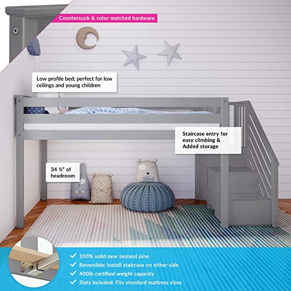 Max & Lily Twin Low Loft Bed with Staircase, White White Low Loft + Staircase Bed