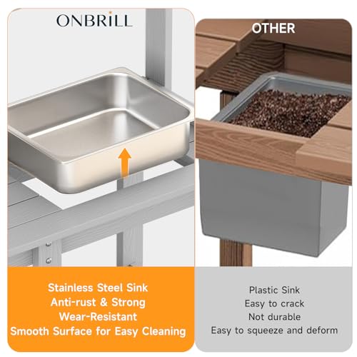 Potting Bench, Outdoor Potting Bench Table with Removable Sink, HDPS Potting Benches for Outside, Garden Table with Storage Shelves & 4 Side Hooks