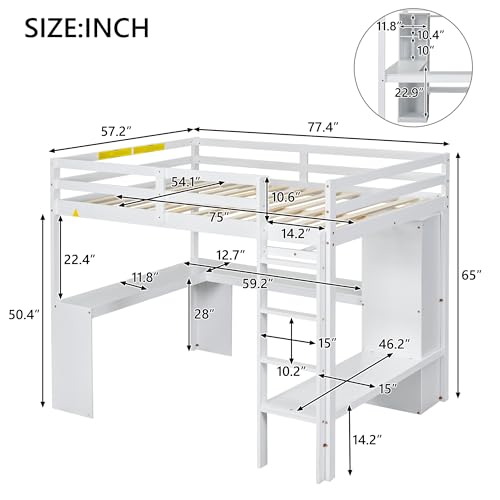SOFTSEA Full Size Loft Bed with Desk & Wardrobe, Wood Loft Bunk Bed with Storage Shelves and Cabinets