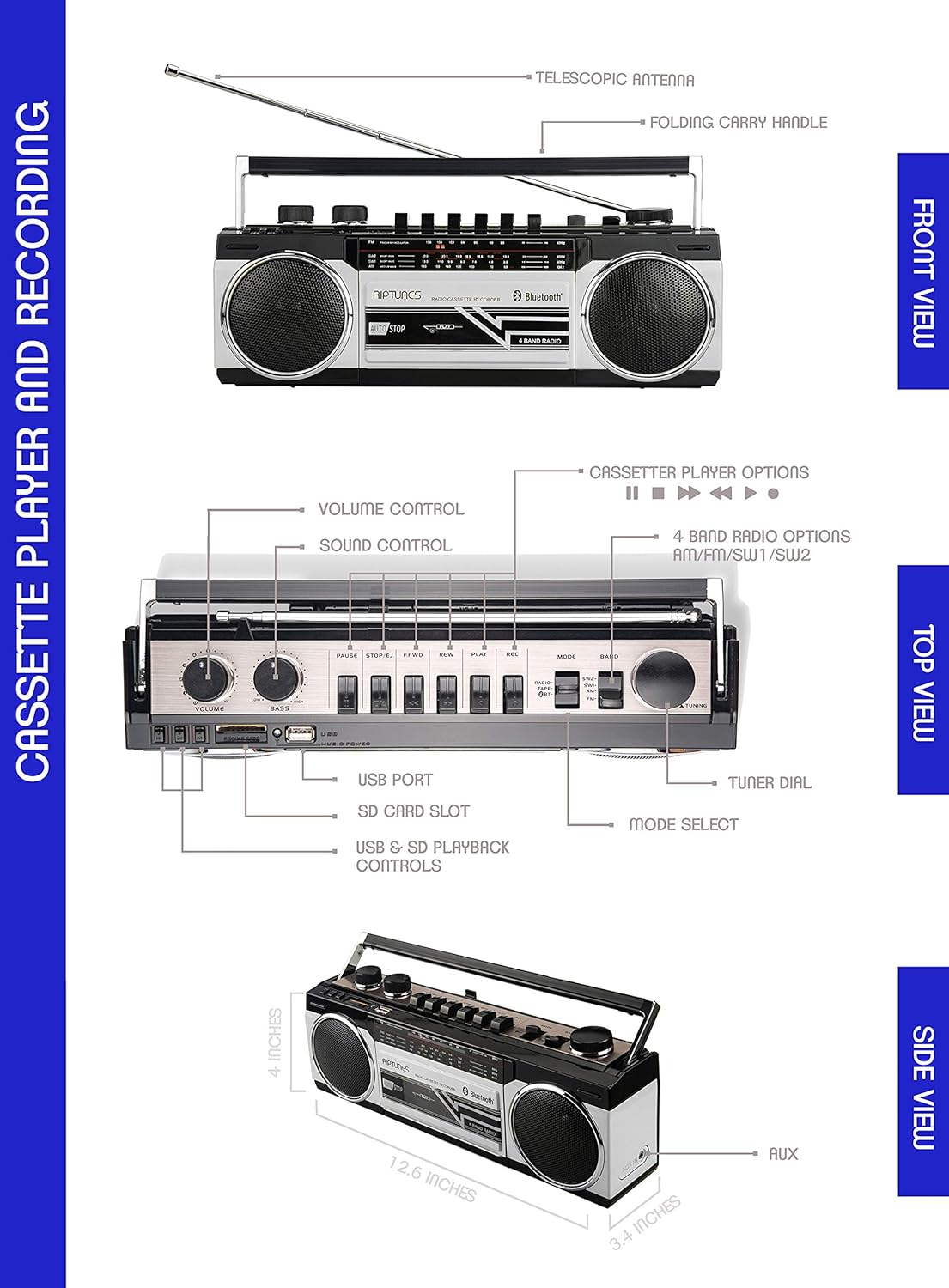 Riptunes Cassette Boombox, Retro Blueooth Boombox, Cassette Player and Recorder, AM/FM/ SW-1-SW2 Radio-4-Band Radio, USB, SD, Silver Pack of 2