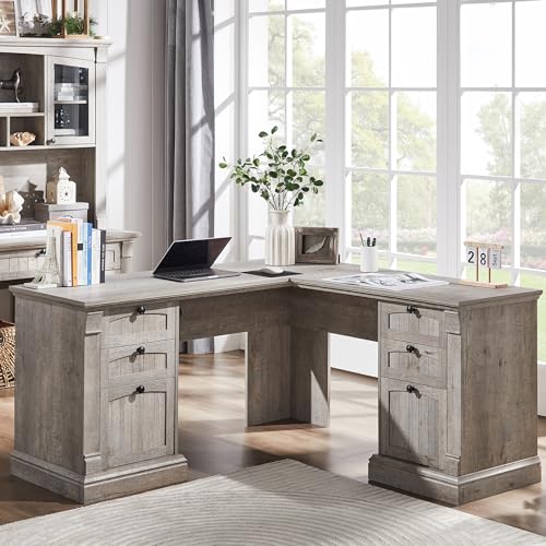 OKD 60" Executive Desk with Drawers, Farmhouse Home Office Desk with Charging Station, Keyboard Tray, File Cabinet Storage