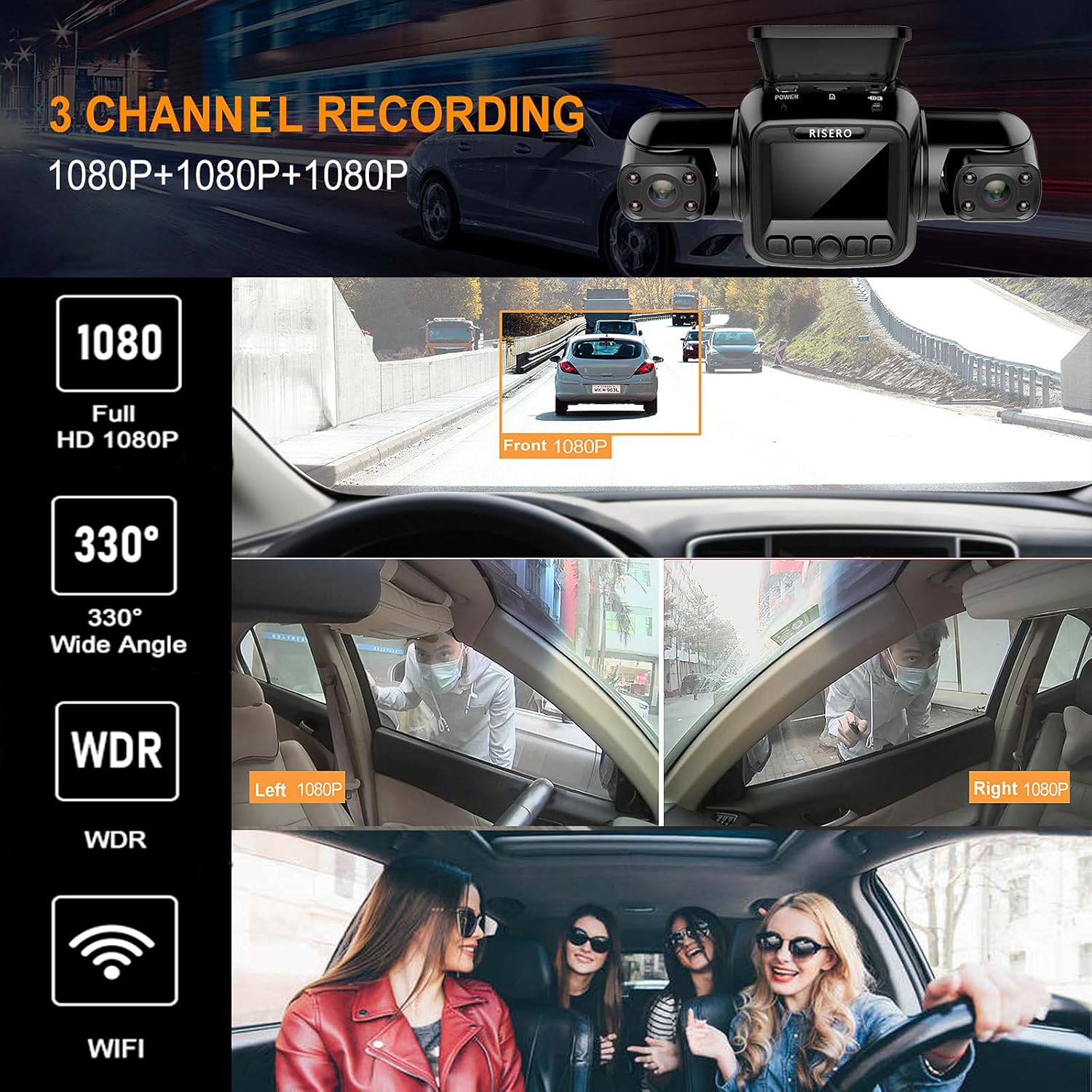 Dual Dash Cam 1080P Dashboard Camera Front and Rear 3 Way Cam HD Angle Lens Recording Control IR Night Vision 24hr Motion Detection G-Sensor Mobile