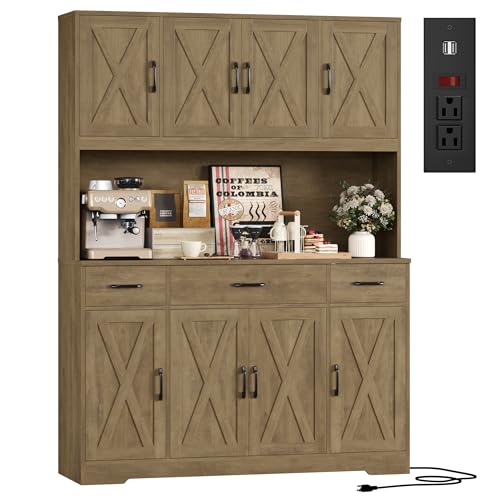HOSTACK 71" Tall Kitchen Pantry Storage Cabinet with Charging Station, 55" Wide Kitchen Hutch Cabinet with Large Countertop