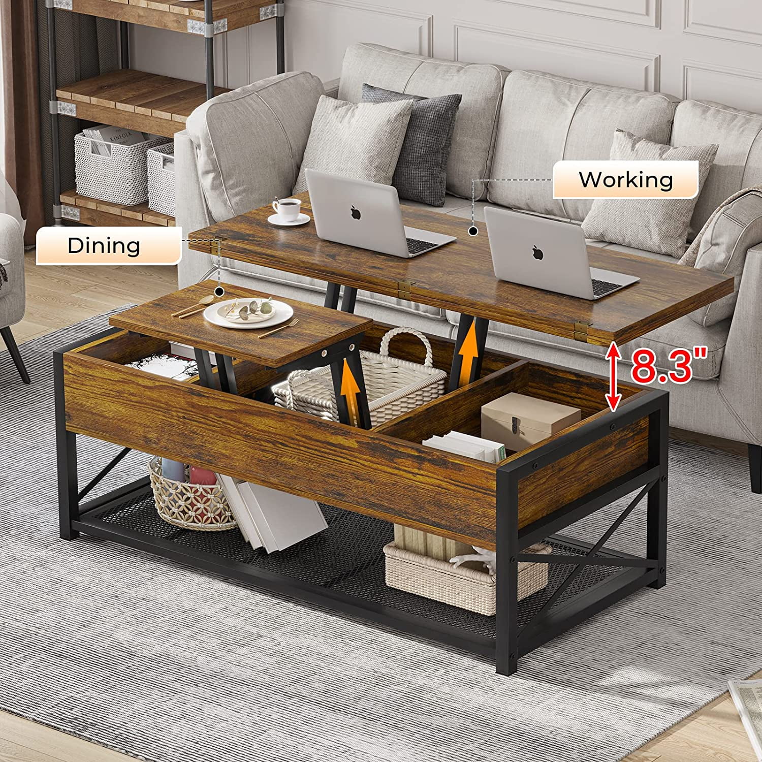 3 in 1 Multi-Function Coffee Table, Lift Top Coffee Table with Storage for Living Room, Rustic Brown - Curated Treasures Market