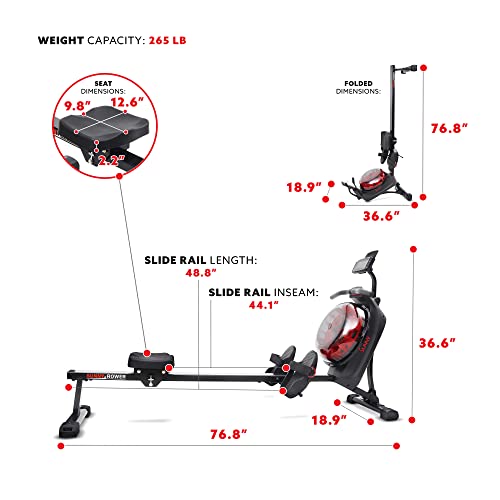 Sunny Health & Fitness Elite Water Rowing Machine with High Dynamic Resistance Vertical Tank