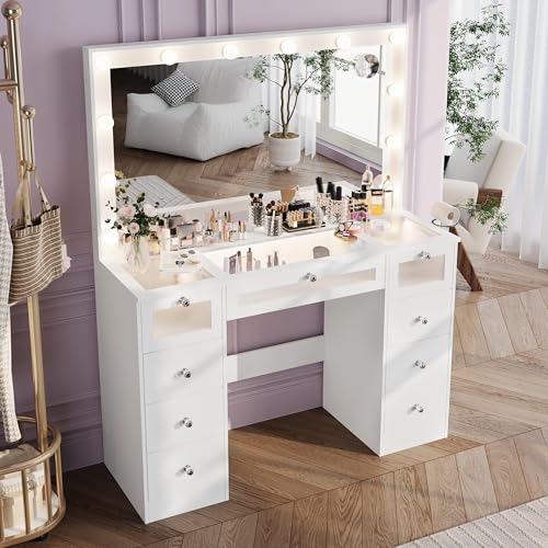 9 Drawers Makeup Vanity Desk with 36.9" Oversized Mirror and Lights, Vanity with Tempered Glass Top