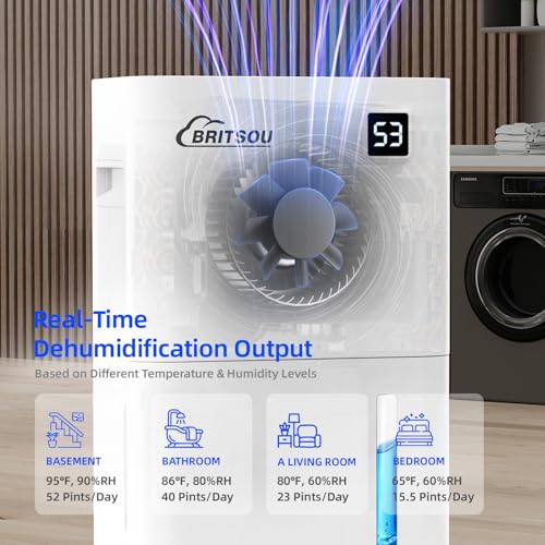 50 Pints Dehumidifier for Basement, Britsou Dehumidifiers for Home with Drain Hose - Quiet Smart Dehumidifier with 3 Modes, 24 Hr Timer