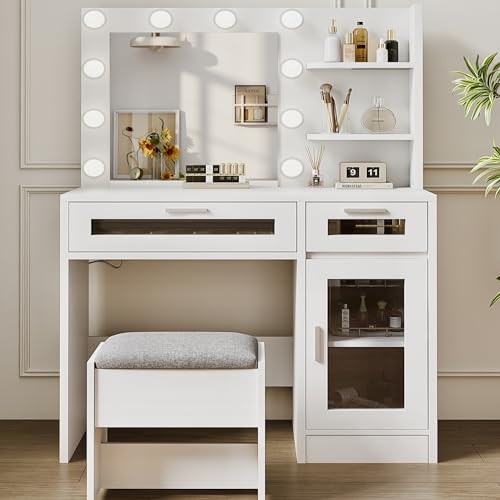Vanity Desk with Mirror and Lights, Makeup Vanity with Drawer & Storage Shelves, Cabinet, 3 Lighting Modes Adjustable Brightness