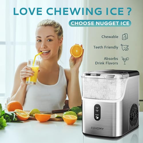 EUHOMY Nugget Ice Makers Countertop, Pebble Ice Maker Machine with 35lbs/24H Soft Ice, Self-Cleaning Sonic Ice Maker with Ice Scoop&Basket