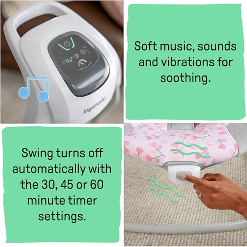Ingenuity SimpleComfort Lightweight Compact 6-Speed Multi-Direction Baby Swing, Vibrations & Nature Sounds, 0-9 Months 6-20 lbs (Pink Cassidy)