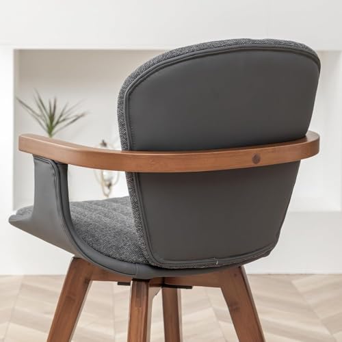 LUNLING Swivel Dining Chairs Set of 2, Mid Century Modern Gray Fabric+Faux Leather Kitchen Chairs with Arms,Bamboo Legs Side Chairs No Wheels