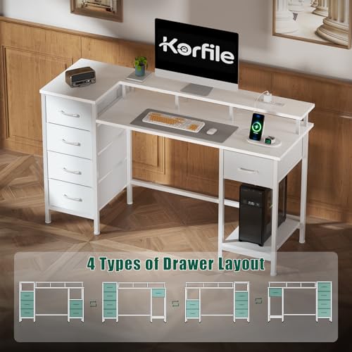 47 Inch Computer Gaming Desk with Power Outlets LED Lights Reversible Home Office with Adjustable Fabric Storage Drawers for Working Writing Study
