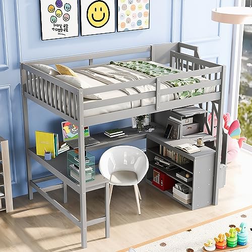 Full Size Loft Bed with Desk & Wardrobe, Solid Wood Kids Loft Bedframe w/3 Storage Drawers & 2 Shelves, Maximum Space Design, for Bedroom, Dorm, Gray