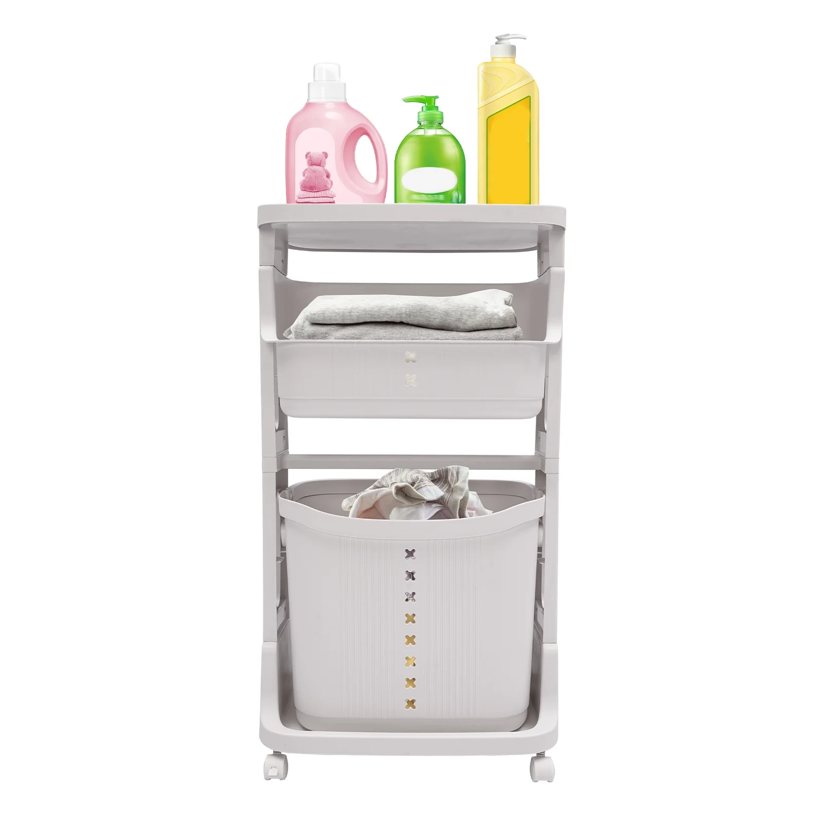 3-Tier Portable Laundry Basket Laundry Hamper Freestanding Rolling Storage Cart W/4 Universal Wheels Dirty Clothes Storage Basket White Organizer