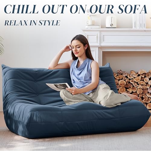 Bean Bag Chair for Adults - Suede & Microfiber Fireside Floor Chair, Comfortable Corner Lounge Sofa for Living Room, Bedroom, Office (3-Seater, Beige)
