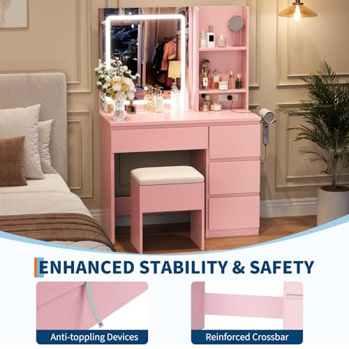 Vanity Desk with Mirror and Lights - Modern Makeup Dressing Table with Outlets, Storage Stool, 4 Drawers & Hair Dryer Holder