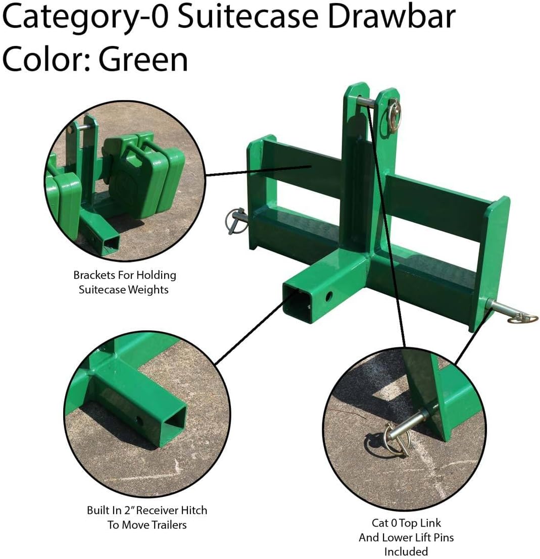 Titan Attachments Tractor Drawbar with Suitcase Weight Brackets Green 2 Receiver Cat 0