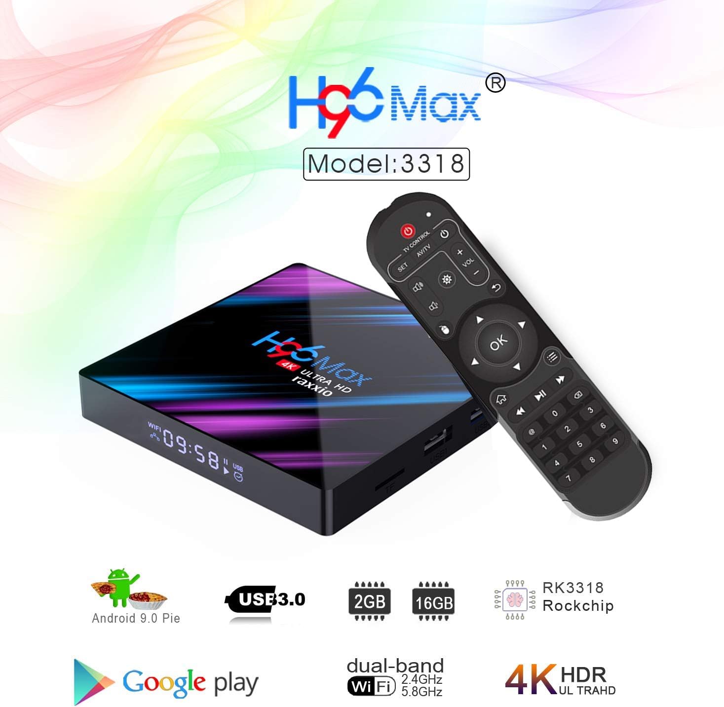 Raxxio H96 Max Android TV Box 9.0 with 2GB RAM 16GB ROM I 4K Smart Set Top Box Equipped RK3318 Quad-Core Processor 64bit Support 3D 2.4G/5G Dual