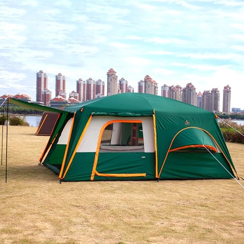 KTT Extra Large Tent 10-12-14 Person(Style-B),Family Cabin Tents,2 Rooms,3 Doors and 3 Windows with Mesh,Straight Wall,Waterproof,Double Layer