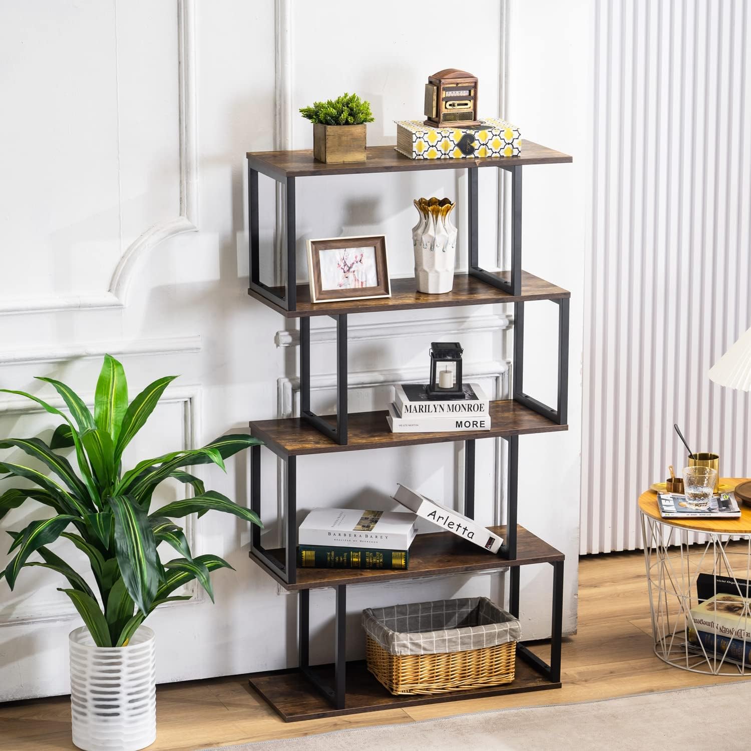 Apicizon Industrial Bookshelves Wooden Bookcase, 2-Tier Bookshelf, S-Shaped Bookshelf Modern Bookshelf