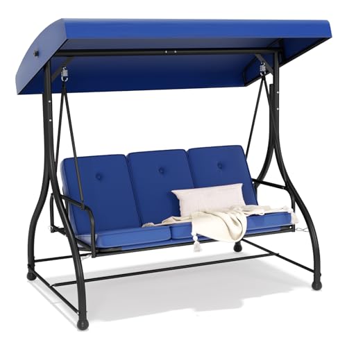 3-Seat Outdoor Porch Swing Glider with Adjustable Canopy, Patio Swings Bed with Removable Cushion for Porch, Backyard, Garden, Poolside, Balcony