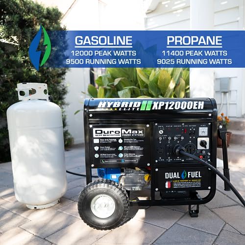 DuroMax XP12000EH 12,000-Watt Dual Fuel Portable Generator – Gas & Propane, Electric Start, Whole Home Backup Power, Transfer Switch Ready