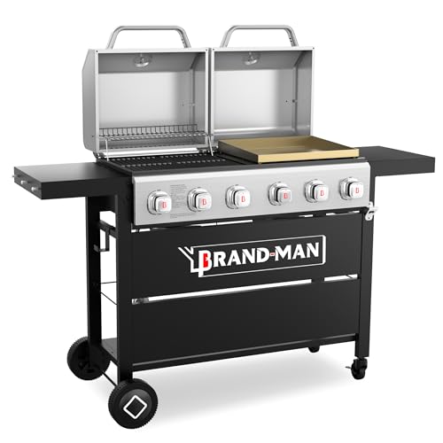 Brand-Man Griddle Grill Combo 6-Burner, 2 in 1 Versatile Propane Gas Grill and Griddle with Double Stainless Steel Lids