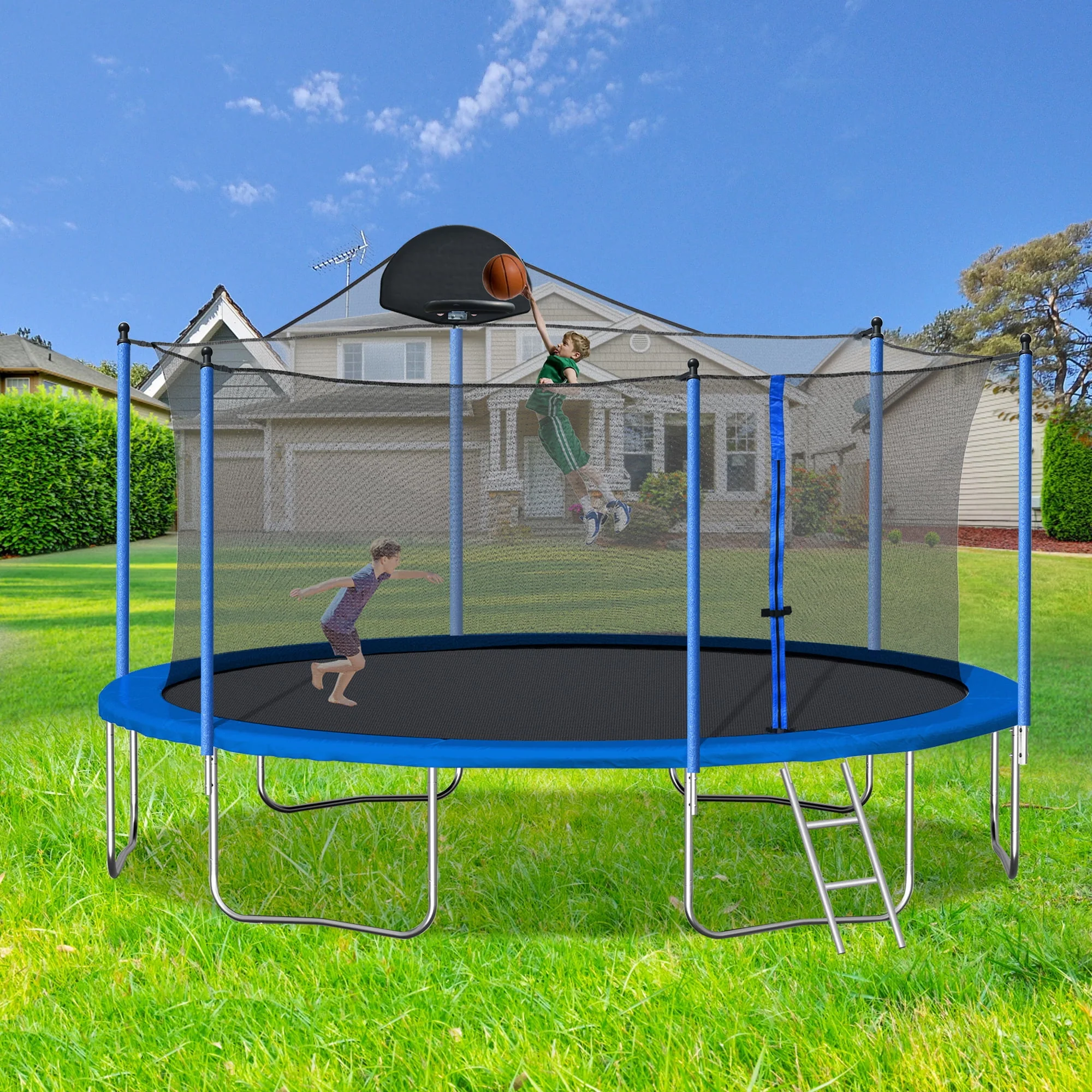 Highsound 14 FT Trampoline for Adults/Kids with Safety Enclosure Net, Basketball Hoop and Ladder