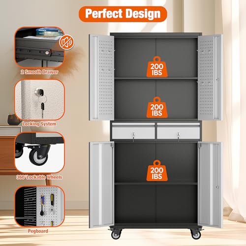Aobabo 71" H×32" W×16" D Metal Storage Cabinet with Wheels, Garage Steel Storage Cabinet with 5 Adjustable Shelves and 4 Hooks for Home Office
