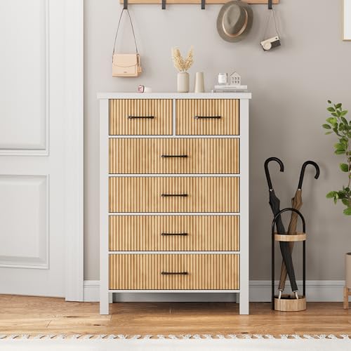 Fluted 6 Drawers Dresser for Bedroom, Tall Boho Chest of Drawers with Metal Handle, Wooden Closet Clothes Storage Organizer for Living Room