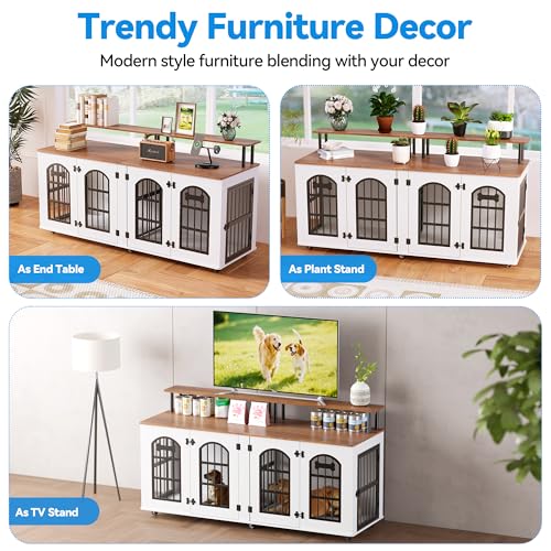 Double Dog Crate Furniture for 2 Dogs, 63" Indoor Wooden Dog Kennel for Medium Dogs with Divider, Wheels, Storage