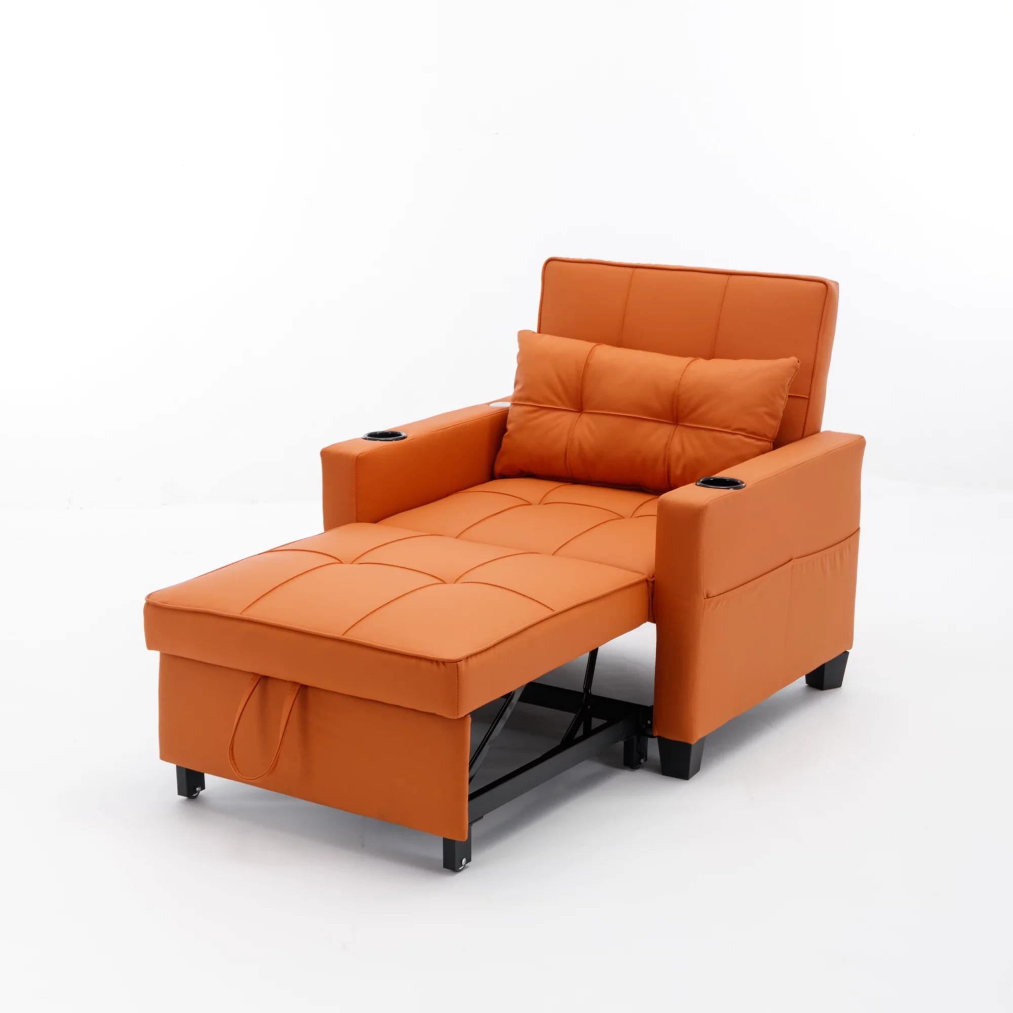 Futon Chair Bed Convertible Chair 3-in-1 Pull Out Sleeper Chair Beds with USB Ports, Armchair Bed Sleeper for Living Room (Orange Leather)