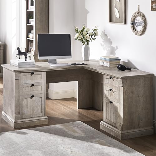 OKD 60" Executive Desk with Drawers, Farmhouse Home Office Desk with Charging Station, Keyboard Tray, File Cabinet Storage