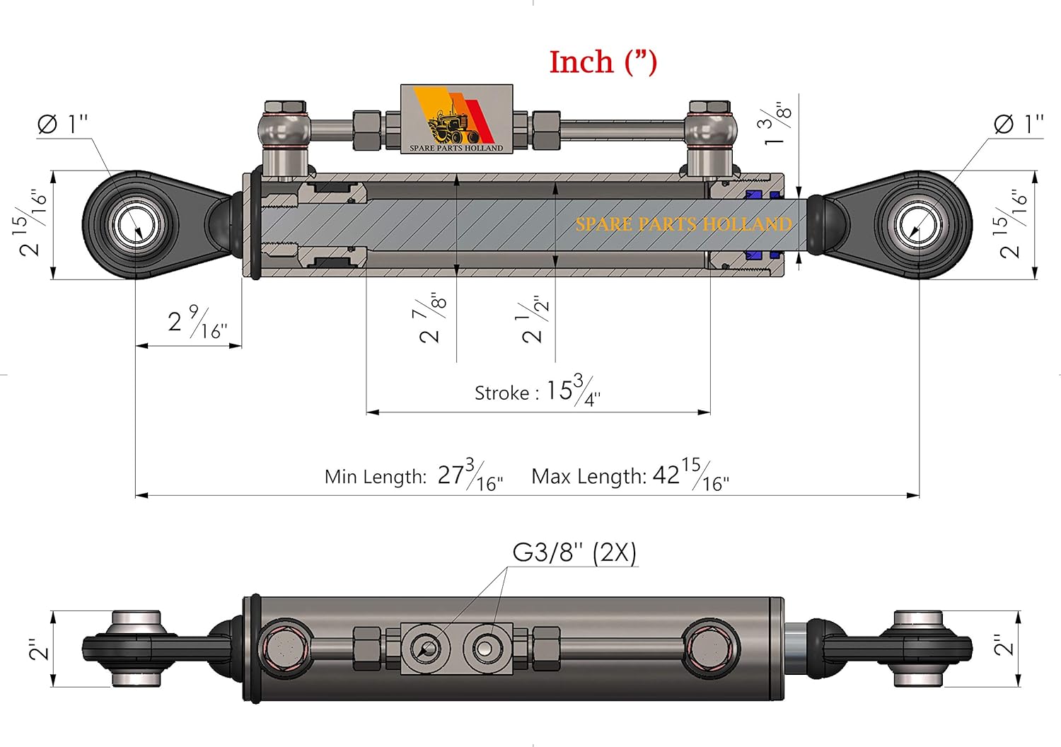 Hydraulic Top Link Cat. 2-2 with Locking Block 27 3/16” - 42 15/16” with 2 x Hose