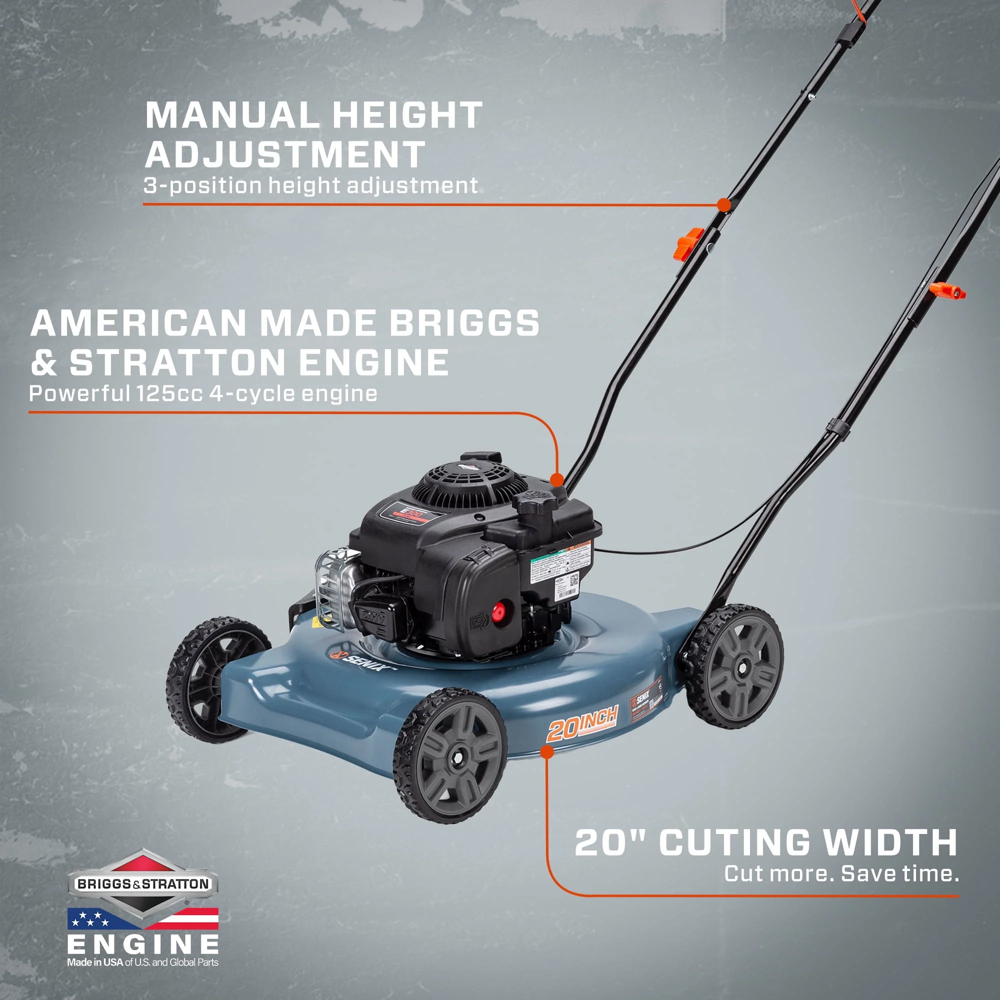 SENIX Gas Lawn Mower, 20-Inch, 125 cc 4-Cycle Briggs & Stratton Engine, Push Lawnmower with Side Discharge, 3-Position Height Adjustment, LSPG-L2