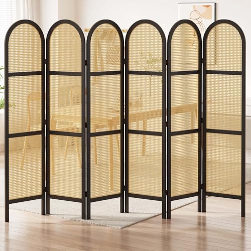 Room Divider and Folding Privacy Screens, Pine Wood 5.6 Ft Double Hinged Rattan Partition Freestanding Wall Room Divider for Home - 3 Panels