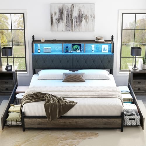 AMERLIFE Full Size Bed Frame with Bookcase Headboard, 4 Storage Drawers, Wooden Platform Bed with Charging Station & LED Light, No Box Spring Needed