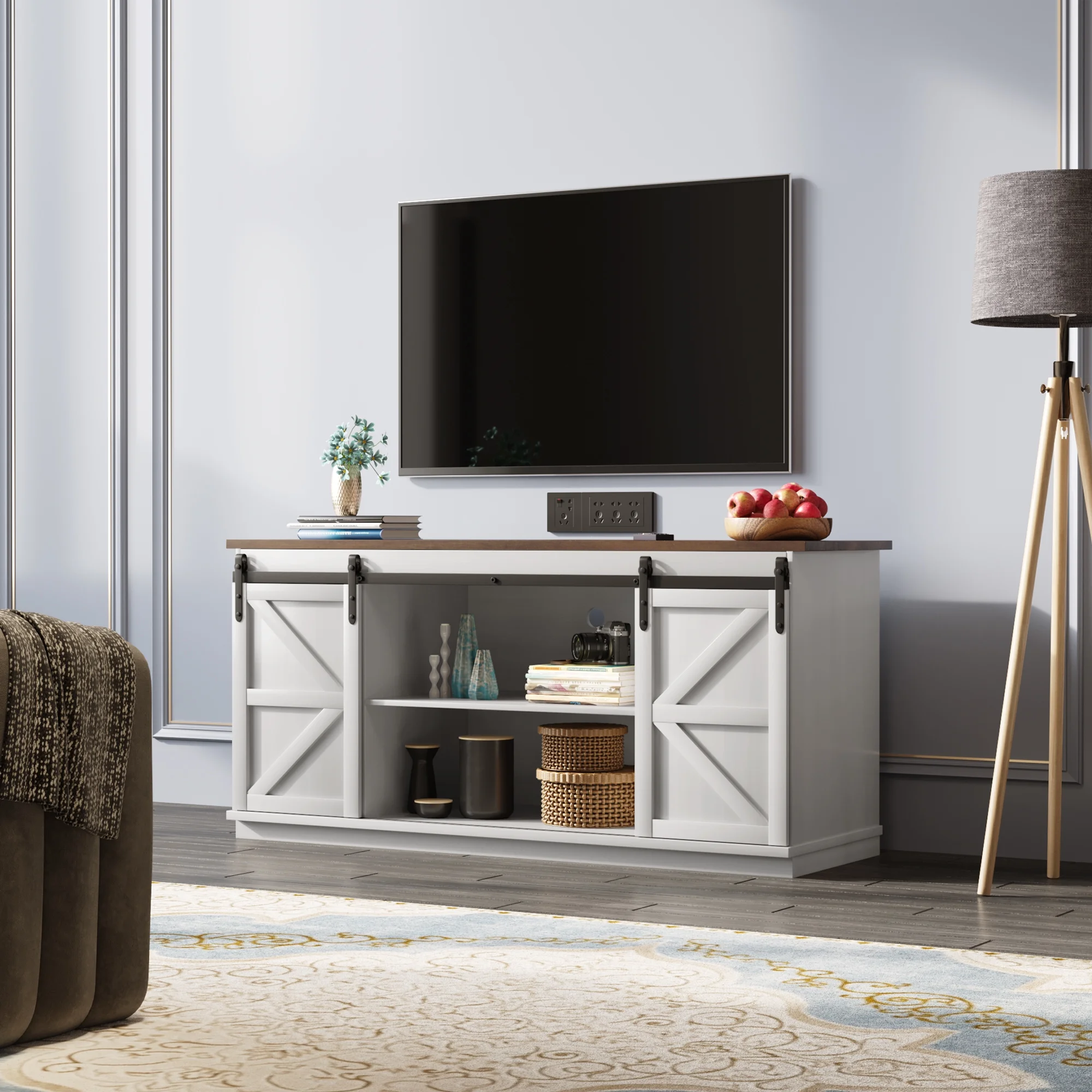 Furmax Modern Farmhouse Barn Door TV Stand for TVs up to 65", White - Curated Treasures Market