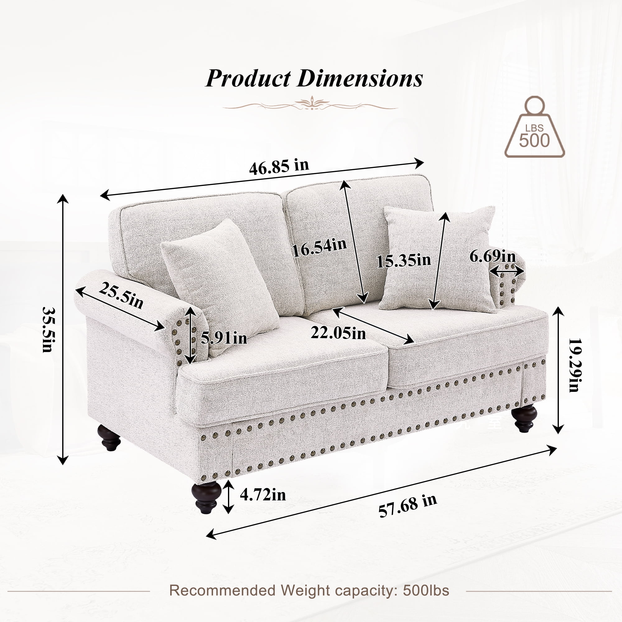 Muumblus Mid-Century Loveseat Sofa, 2 Seater Sofa with Nailhead, 61" Chenille Upholstered Couches for Living Room, White