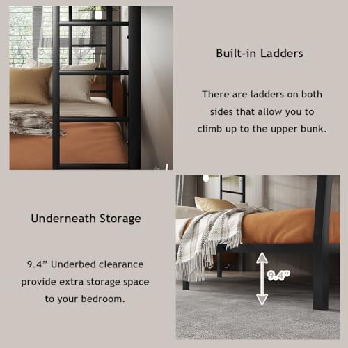 Heavy Duty Bunk Bed Frame with Ladder, Twin XL Over Twin XL Bunk Beds with Safety Guardrails, Adults Bunk Beds with Noise-Reducing Rubber Stoppers