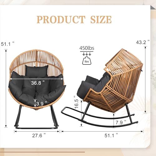 Vongrasig Outdoor Wicker Egg Chair PE Rattan Chair with Cushion, Oversized Patio Lounge Chair for Outdoor, Indoor, Balcony, Backyard, Garden, Black