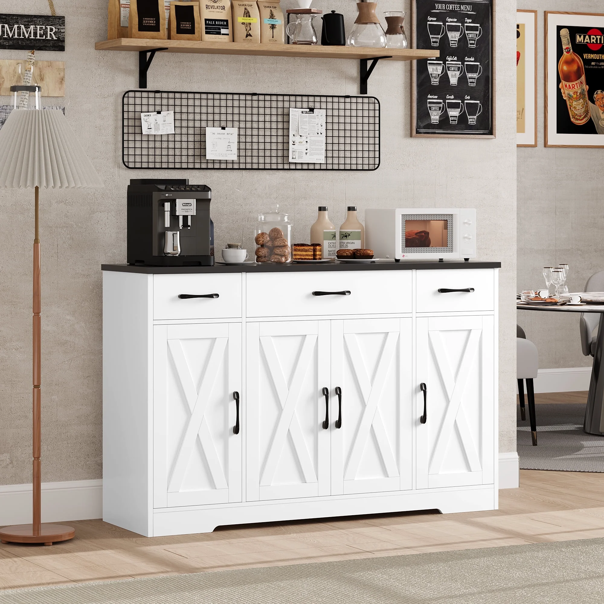 Homfa 55.1‘’ Farmhouse Kitchen Sideboard, 4-Doors 3-Drawers Wood Buffet Cabinet with Adjustable Shelves, Black & White