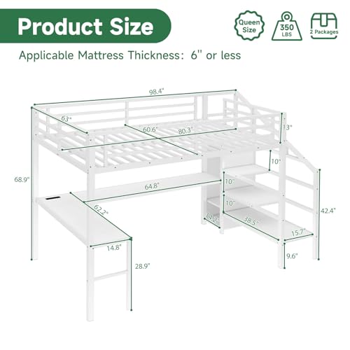 Queen Size Metal Loft Bed with L Shaped Desk and Wardrobe, Heavy Duty Loft Bed Frame with Storage Stairs, High Loft Bed Frame with LED