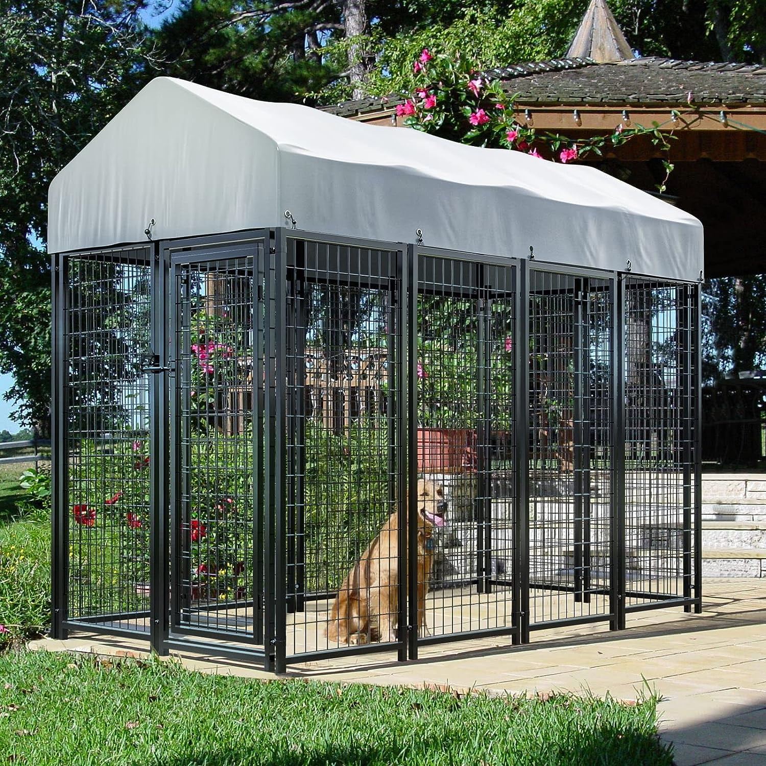 PUKAMI 8x4x6ft Large Outdoor Dog Kennel,Heavy Duty Welded Wire Dog Run,Dog Playpen Fence with UV-Resistant Waterproof Roof,Dog Enclosure for Outside