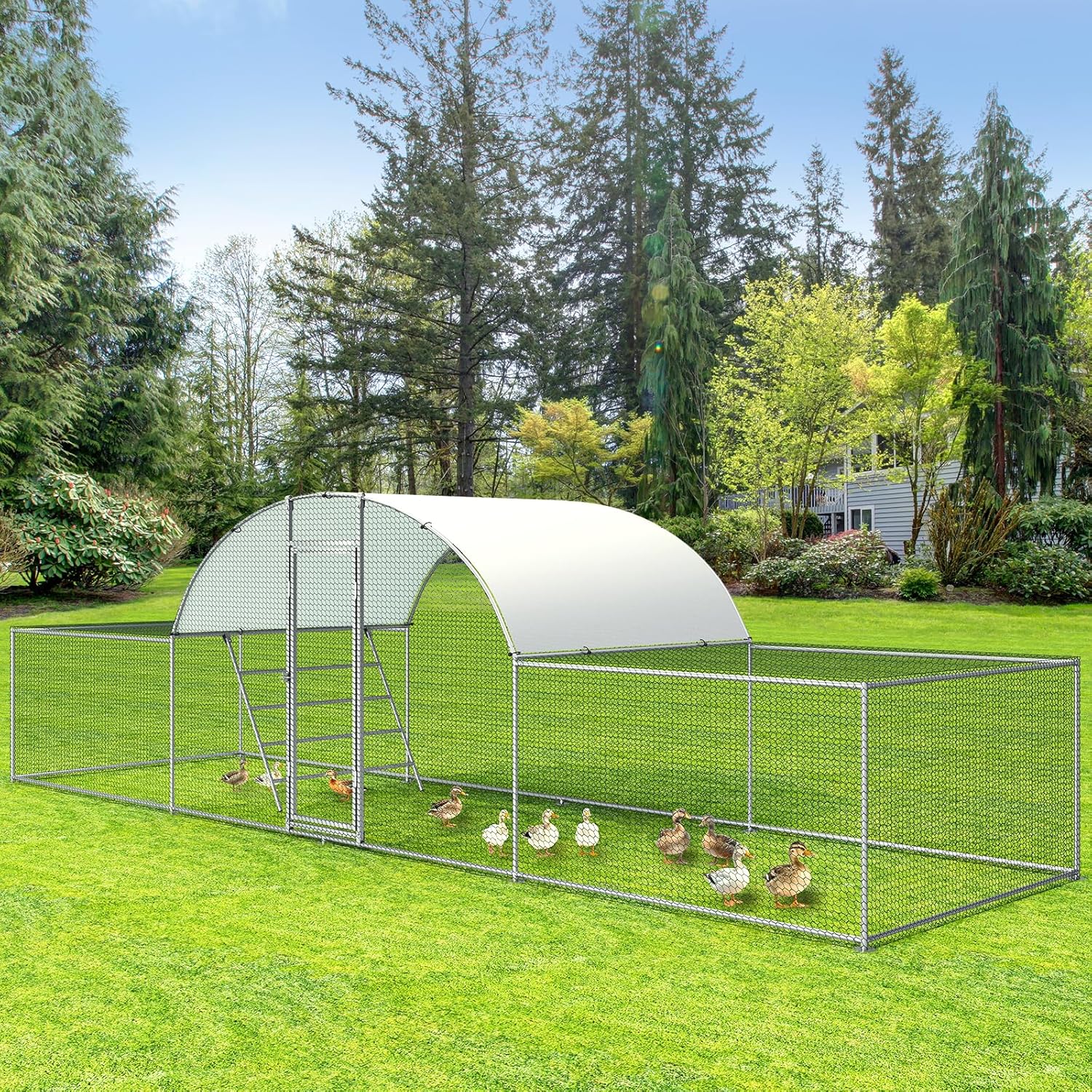 Arlopu 23ft Metal Chicken Coop, 3-Room Dome-Roof Poultry Pen, Large Hen Run Enclosure, Walk-in Galvanized Duck Rabbit Cage House