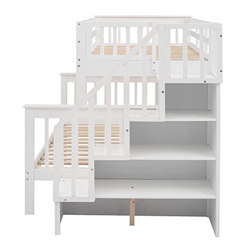 Ball & Cast Twin-Over-Twin Bunk Bed with Twin-Size Trundle and 3 Storage Stairs,Wood Bunkbed w/Full-Length Guardrails,Slat Support