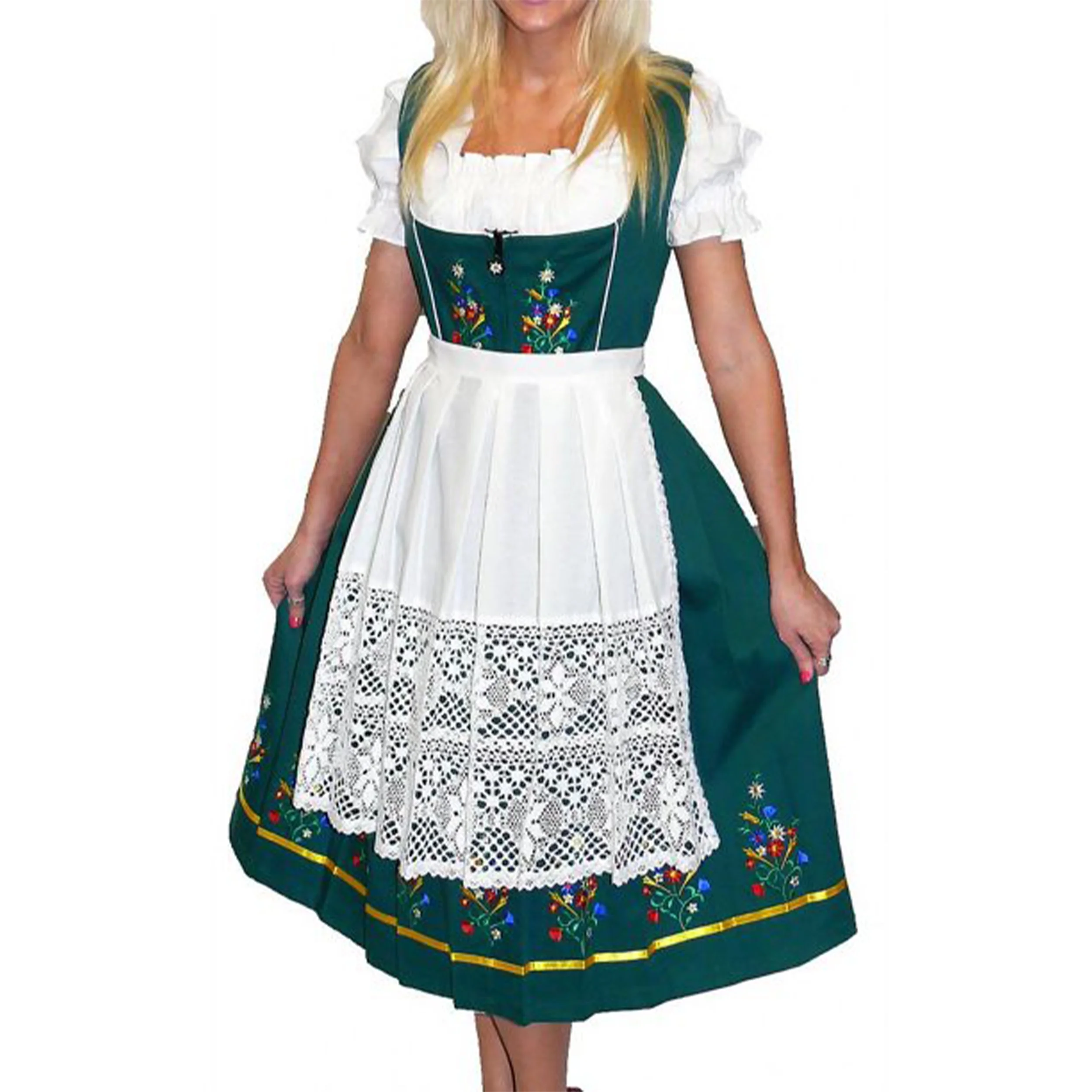 Dirndl Trachten Haus 3 Piece Long German Oktoberfest Dirndl Cotton Dress for Womens and Girls - Green