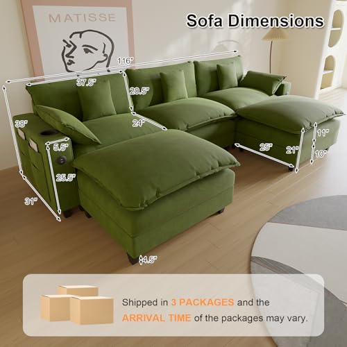 Modular Sectional Sofa, Cloud Couch with Ottoman, Charging Station, Throw Pillows, Cup Holders, Modern Convertible U Shaped Couches for Living Room